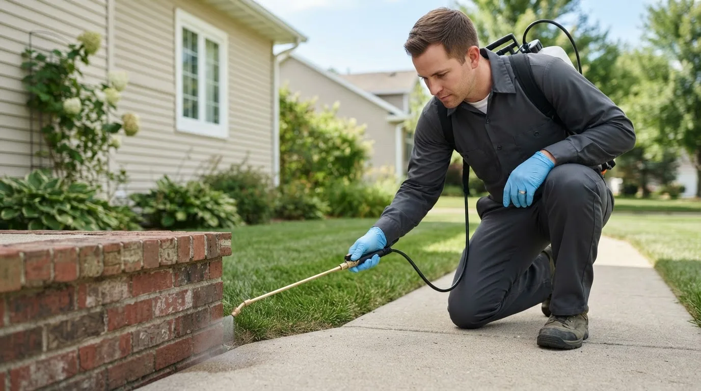 Pest control technician treating a home near New Point, IN